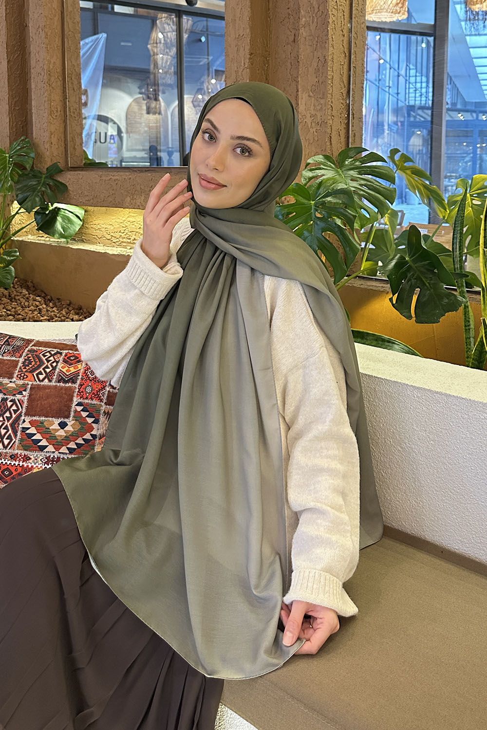 Lamelif Degrade Desen Soft Şal Haki