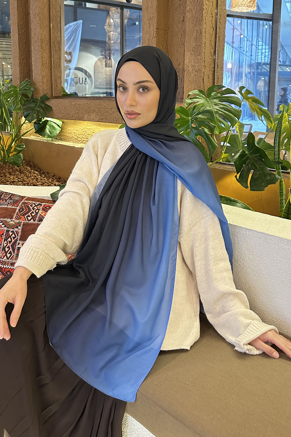 Lamelif Degrade Desen Soft Şal Lacivert