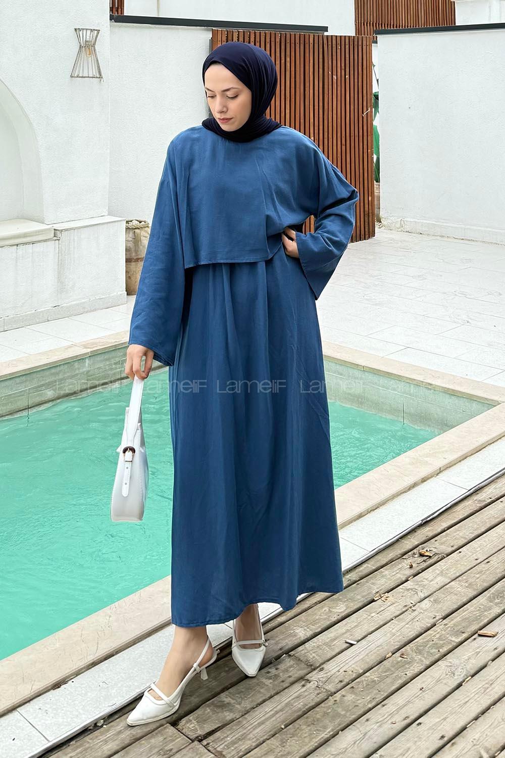 Lamelif Etekli Tesettür Takım Saks Mavisi
