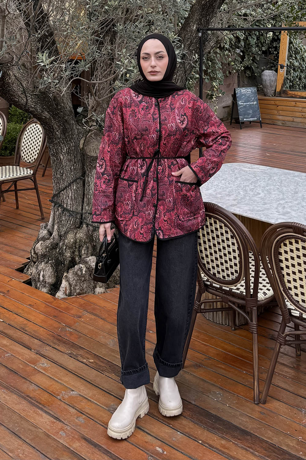 Lamelif Etnik Desen Ceket Açık Bordo