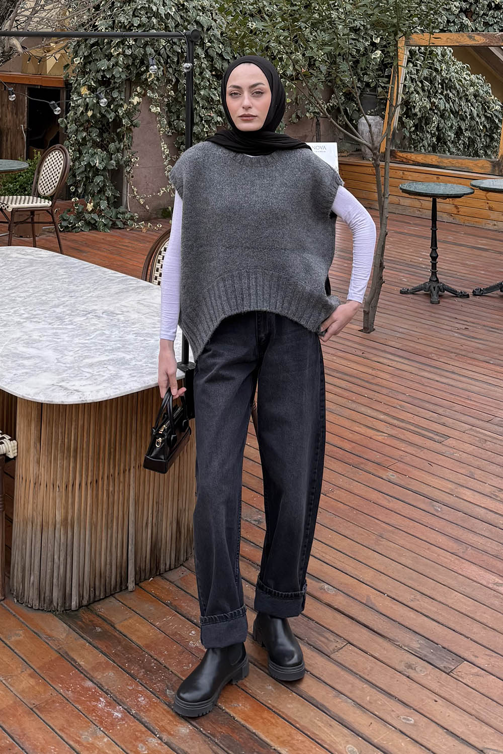 Lamelif Ön Kavis Detaylı Süveter Antrasit