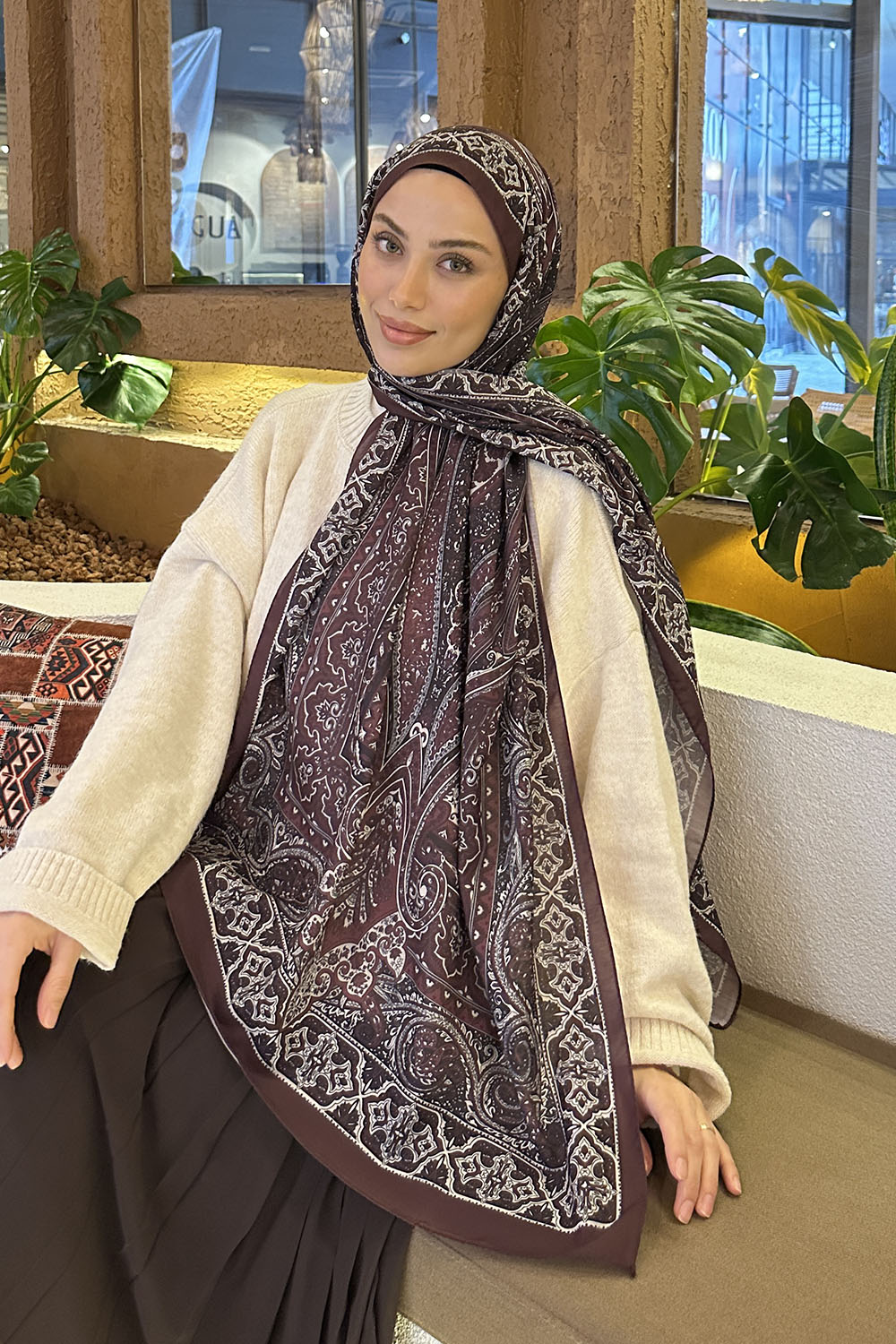 Lamelif Retro Desen Pamuk Şal Koyu Bordo