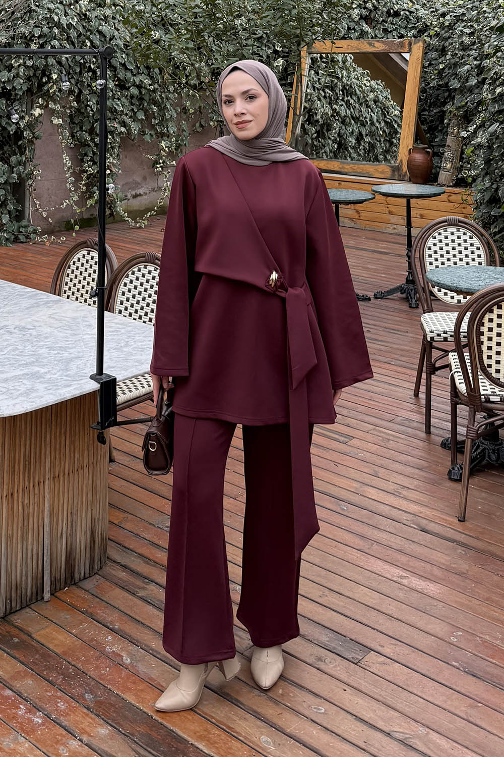 Lamelif Yan Bağlama Detaylı Pantolonlu Takım Bordo