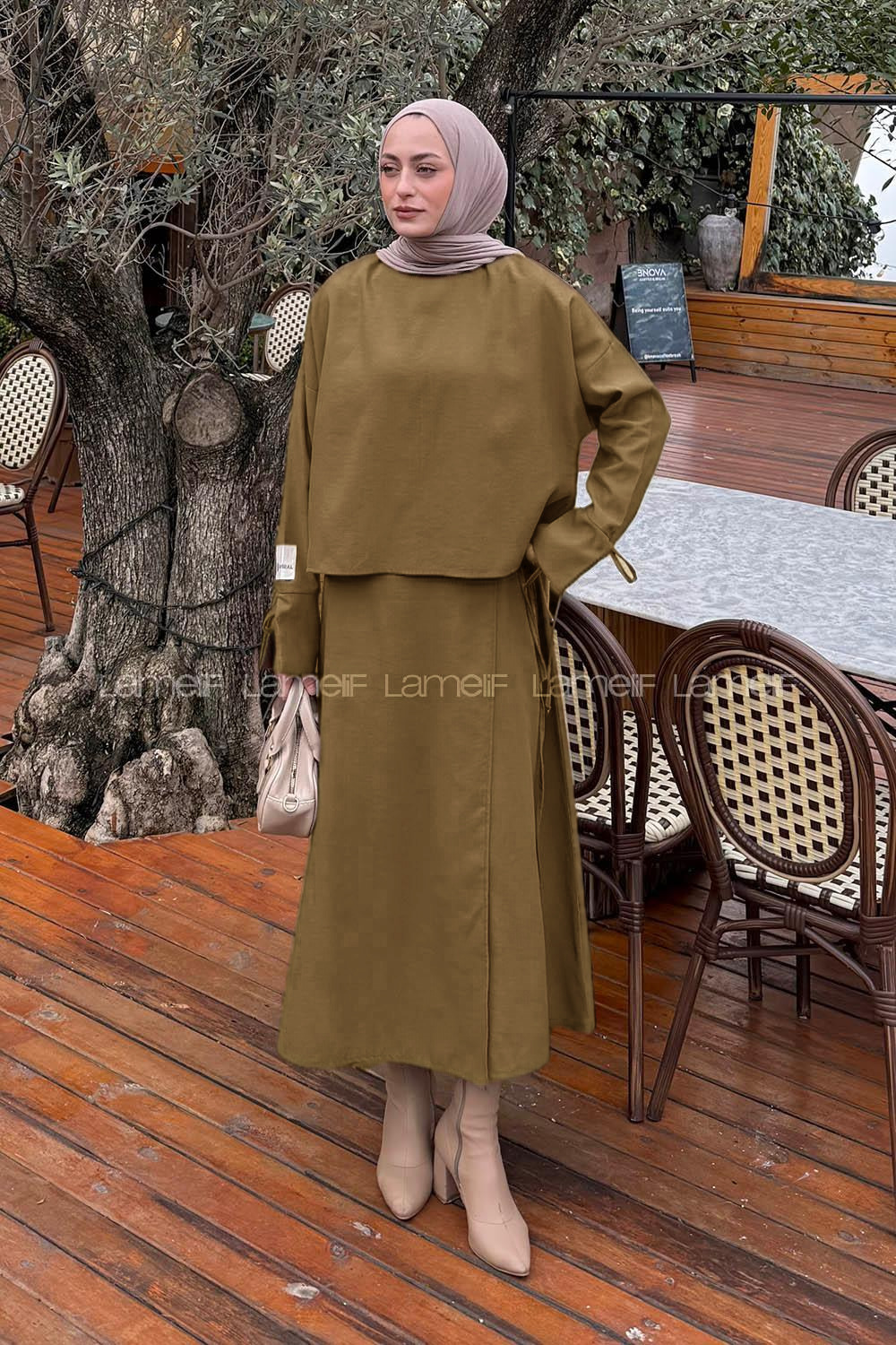 Lamelif Eteği Bağlama Detaylı Takım Yağ Yeşili