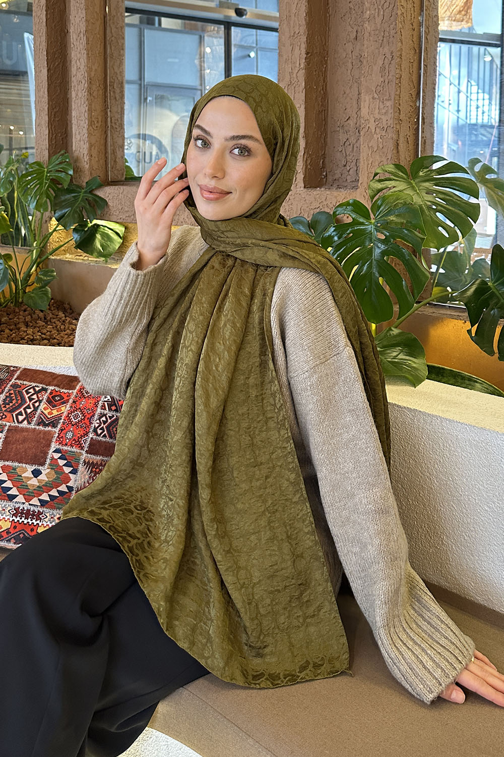 Lamelif  Bloom Desen Ayrobin Floş Jakar  Şal Asker Yeşili