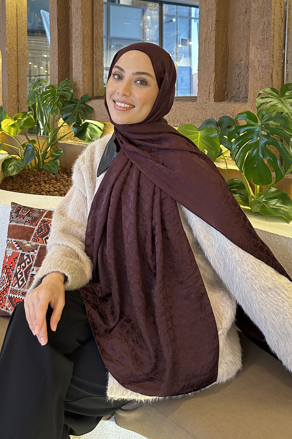 Lamelif  Bloom Desen Ayrobin Floş Jakar  Şal Koyu Bordo