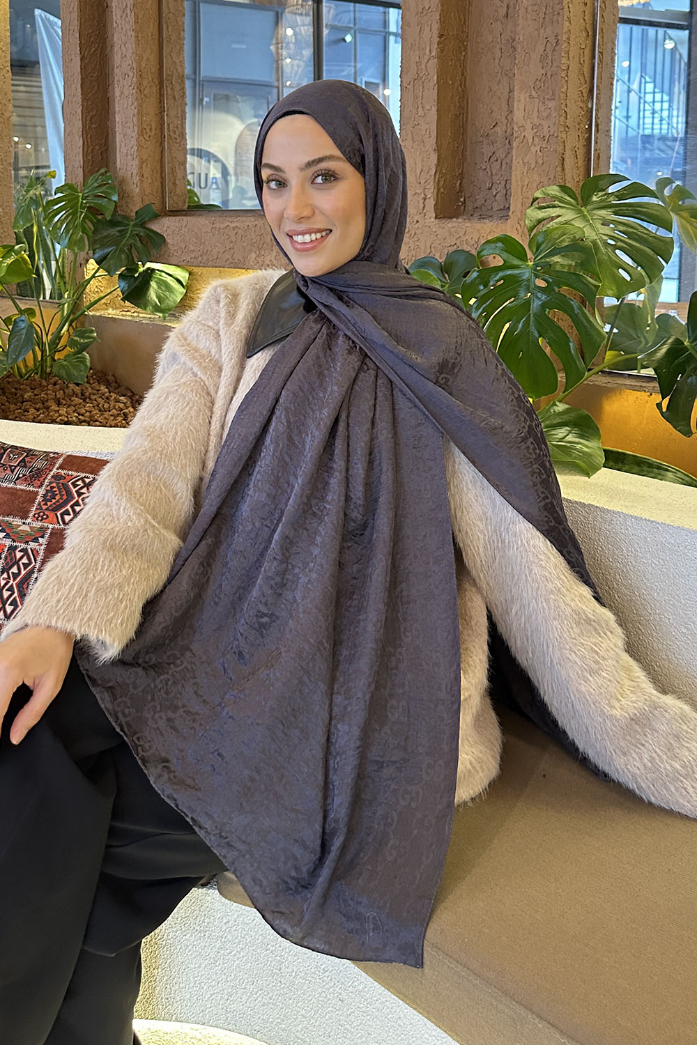 Lamelif  G Desen Ayrobin Floş Jakar  Şal Antrasit