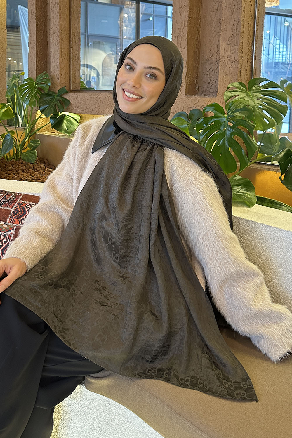 Lamelif  G Desen Ayrobin Floş Jakar  Şal Koyu Yeşil