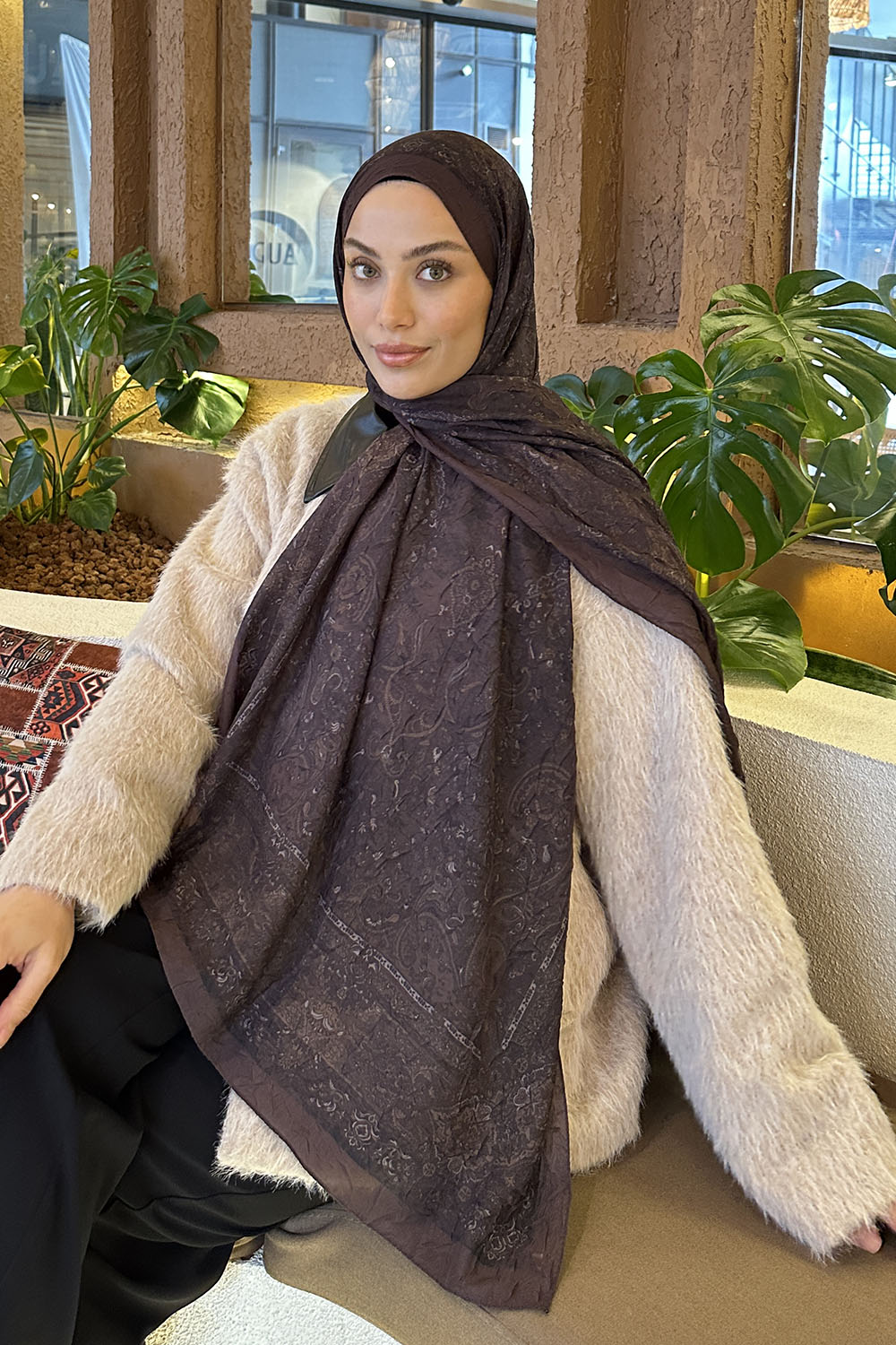 Lamelif Retro Desen Bambu Şal Acı Kahve