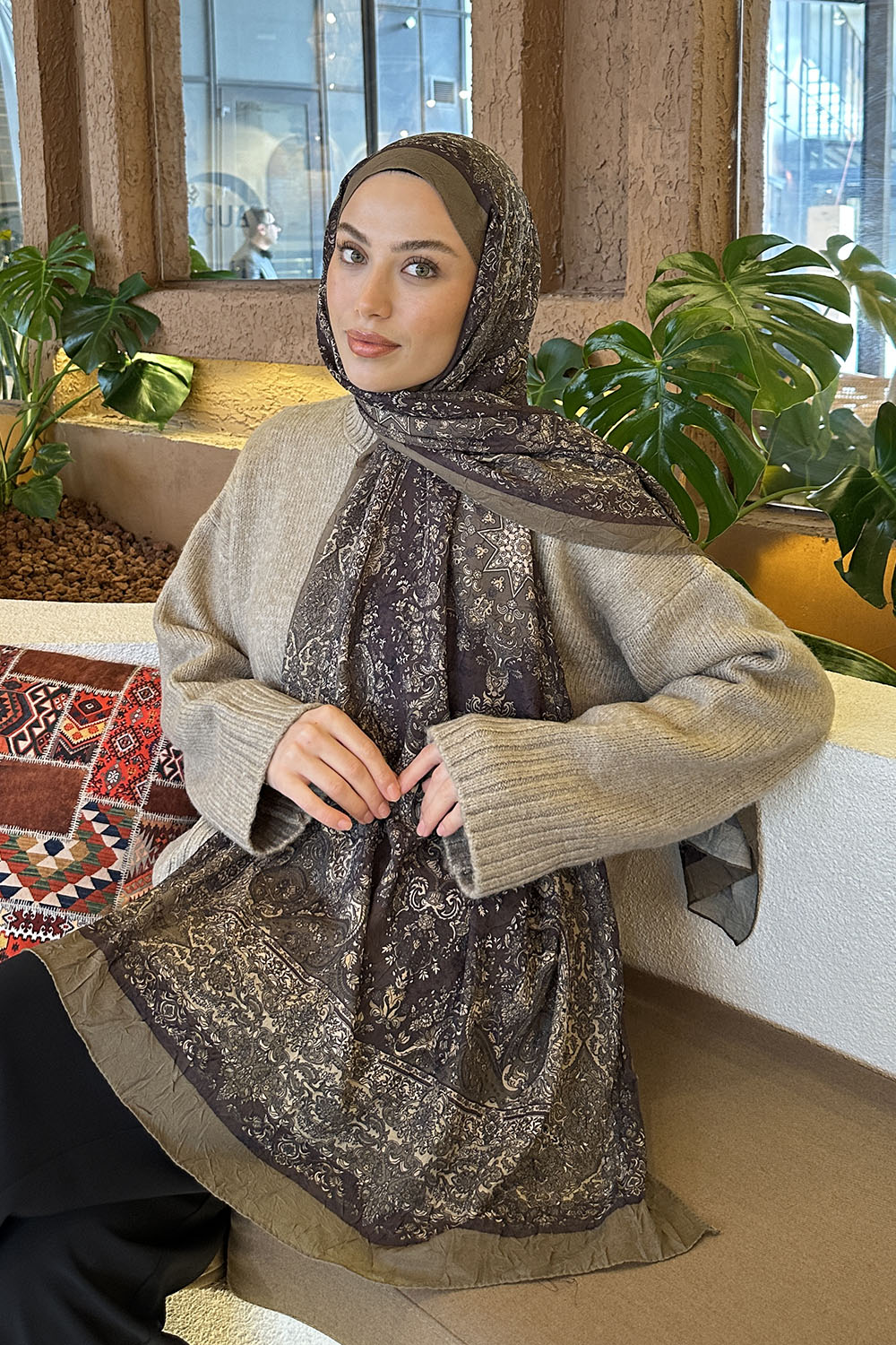 Lamelif Retro Desen Bambu Şal Haki