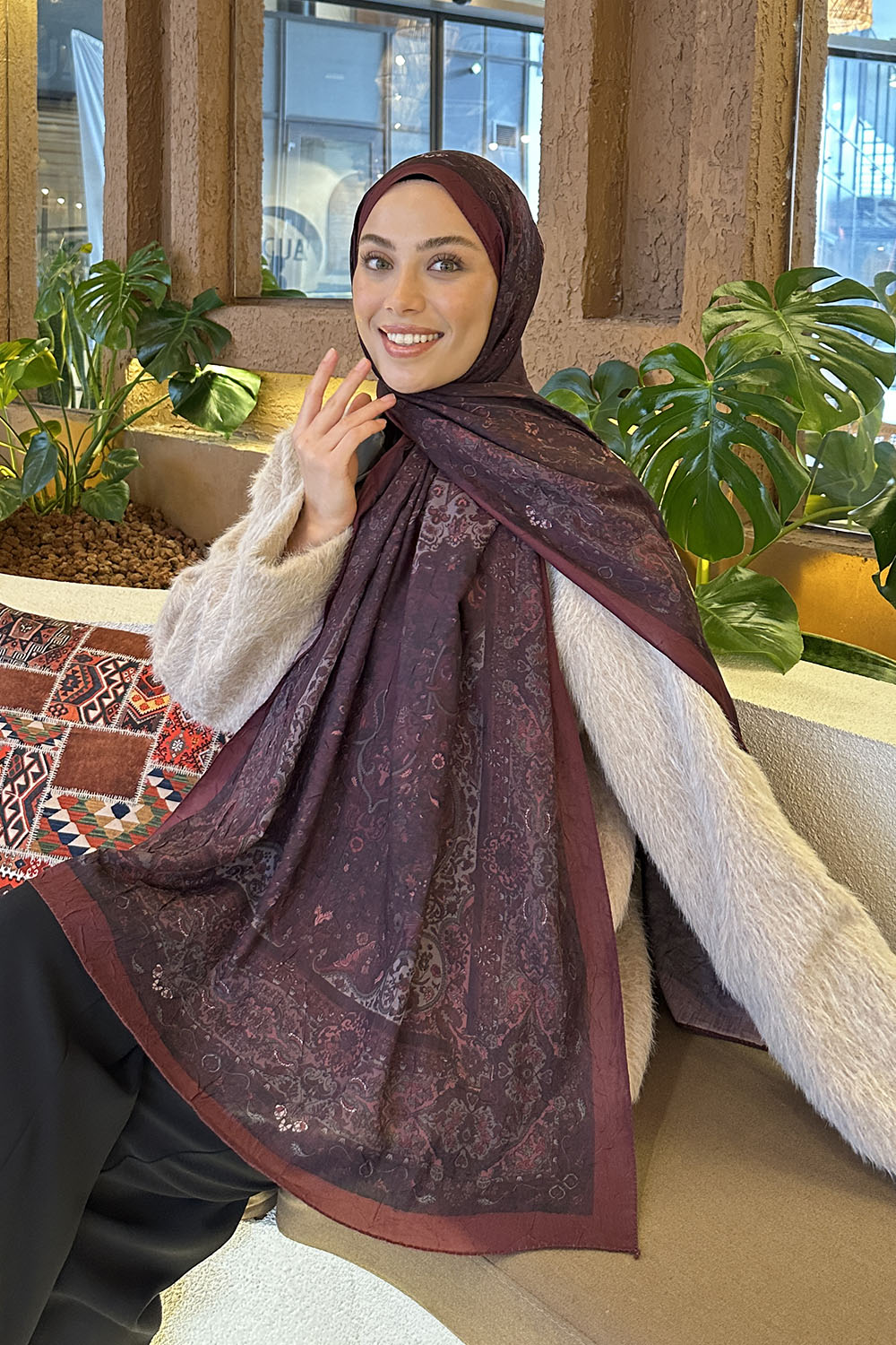 Lamelif Retro Desen Bambu Şal Koyu Bordo