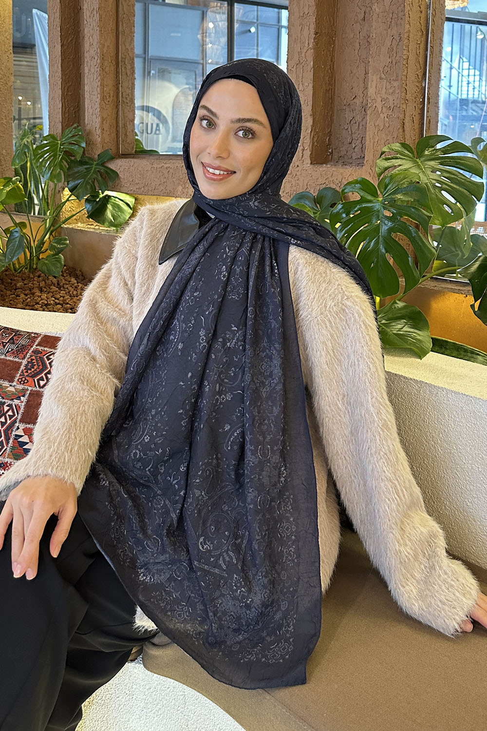 Navy Blue Cotton Fabric Flowering Printed Shawl