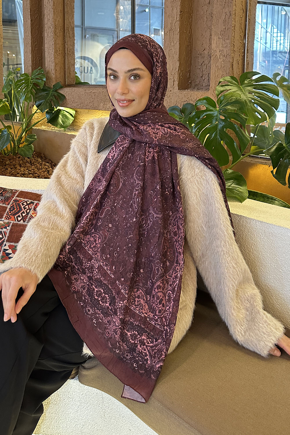 Plum Cotton Fabric Flowering Printed Shawl