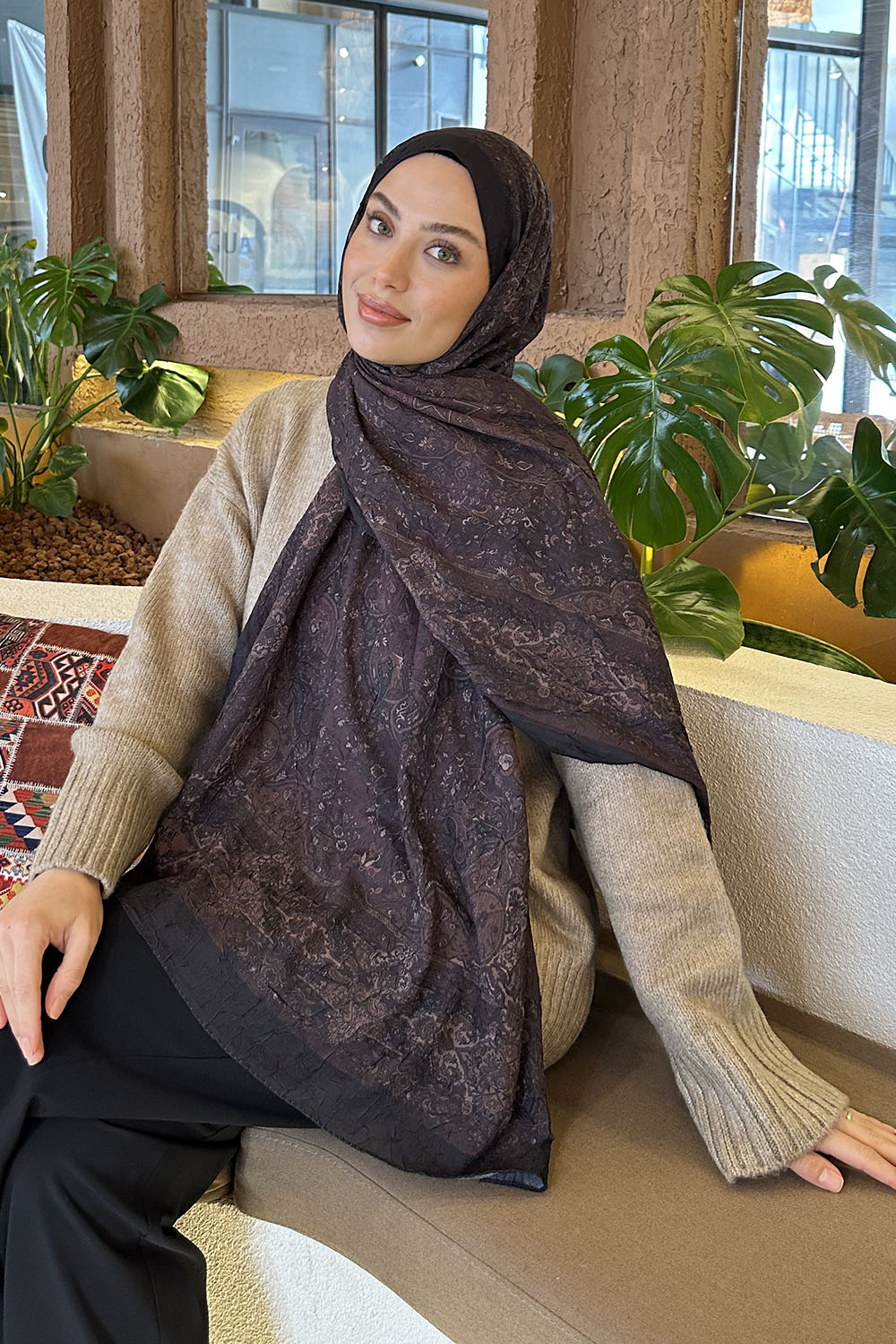 Lamelif Retro Desen Bambu Şal Siyah Kahverengi