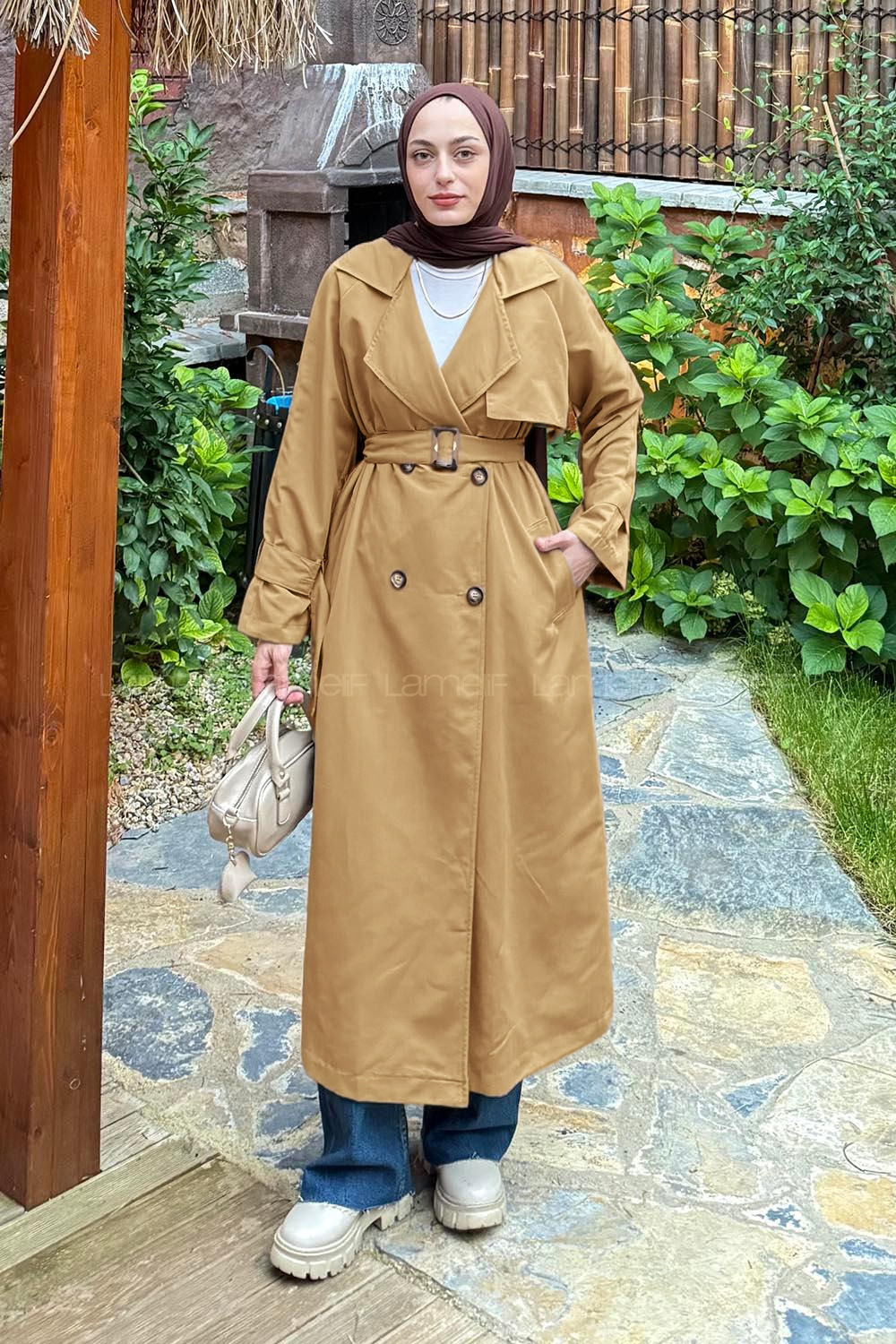 Camel Long Arm Belted Cotton Trench Coat
