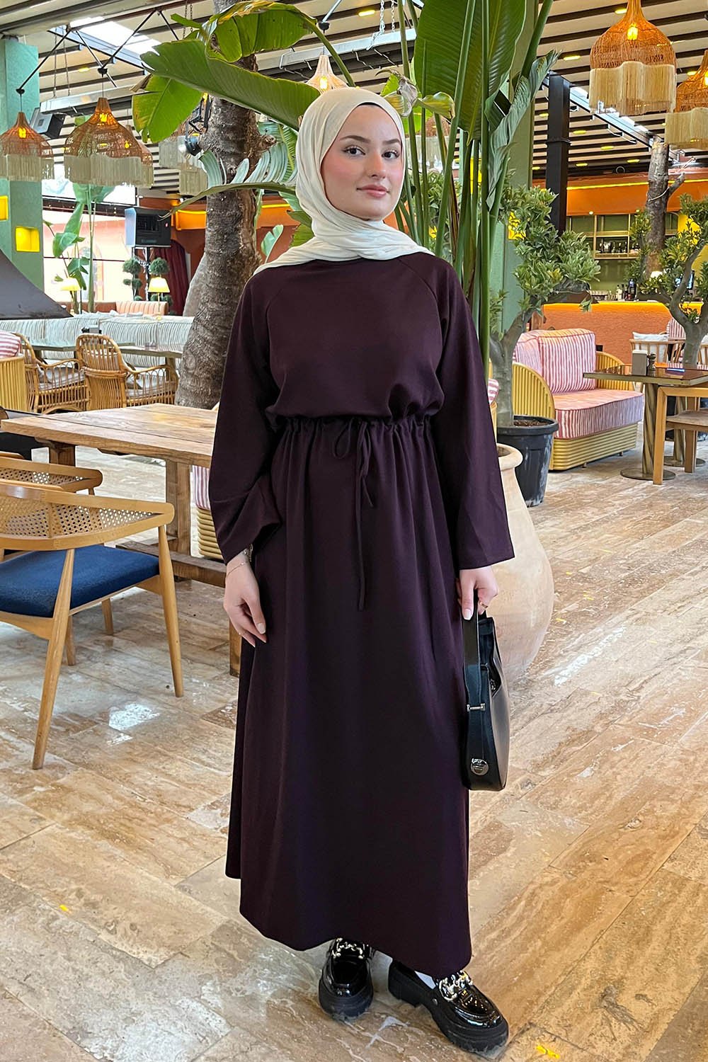 Lamelif Bel Tünel Detaylı Elbise Bordo