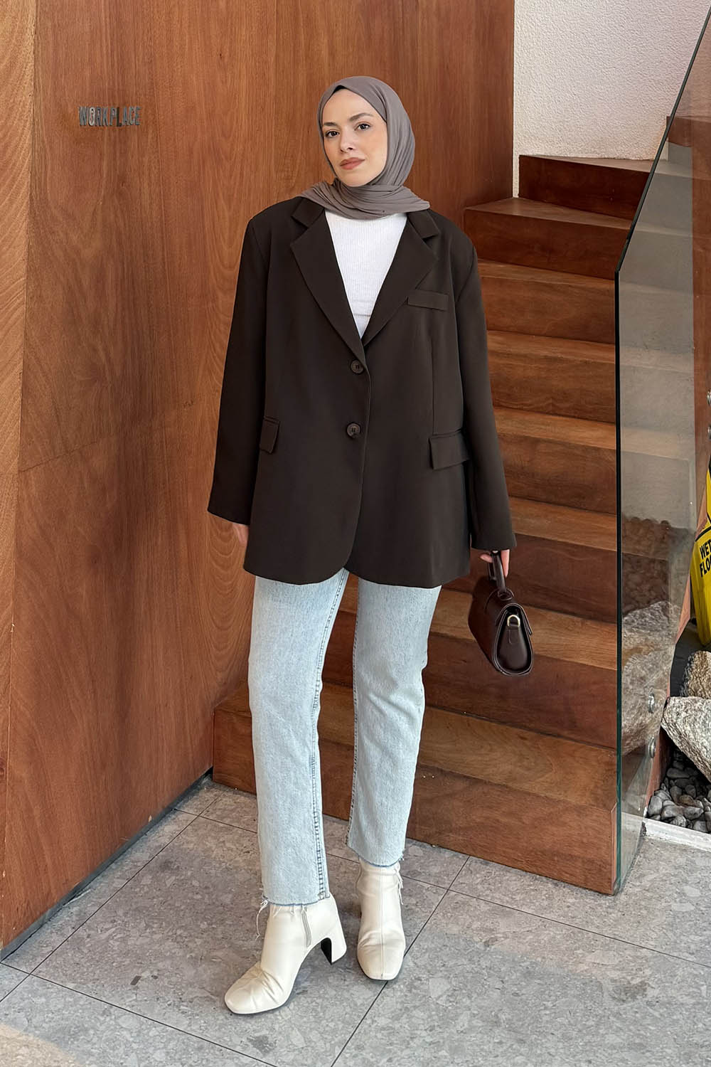 Lamelif Dekoratif Cep Detaylı Tesettür Ceket Acı Kahve