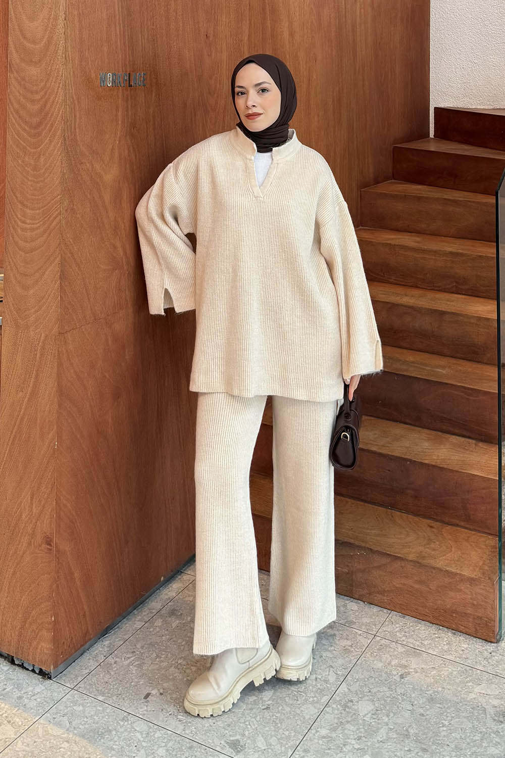 Lamelif Fitilli Triko Takım Krem