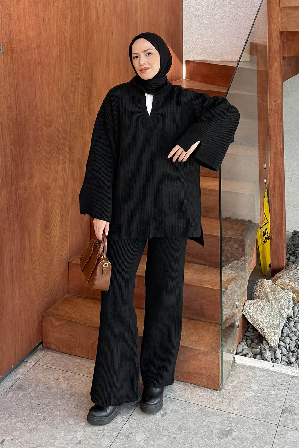 Lamelif Fitilli Triko Takım Siyah