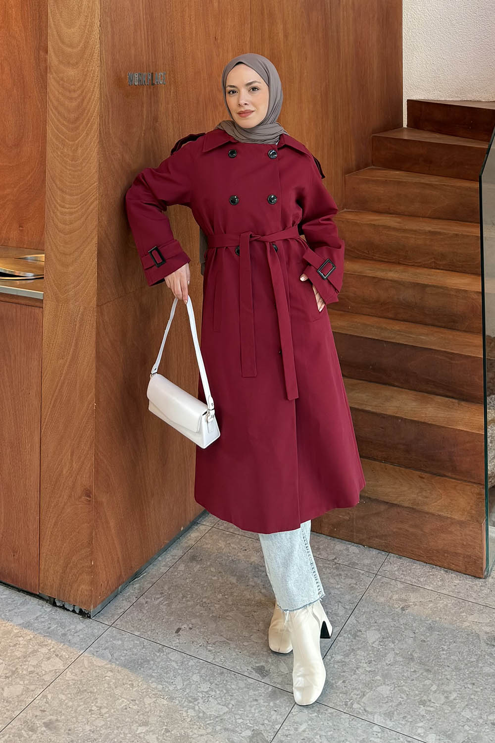 Modalamelif Reglan Kol Düğmeli Trenç Bordo