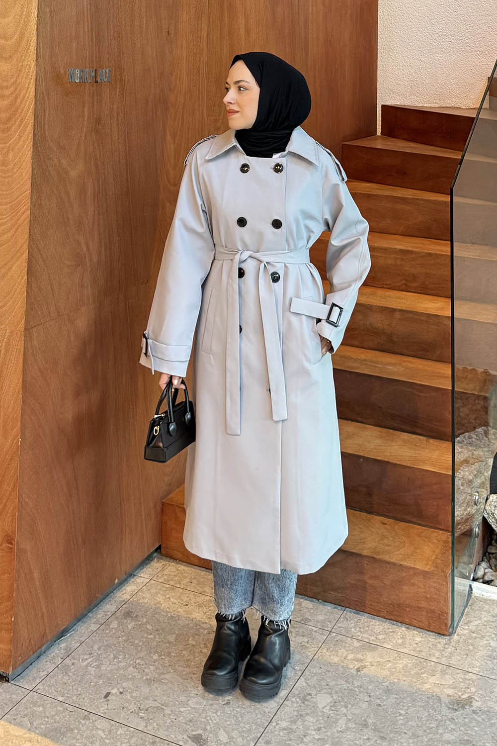 Modalamelif Reglan Kol Düğmeli Trenç Gri