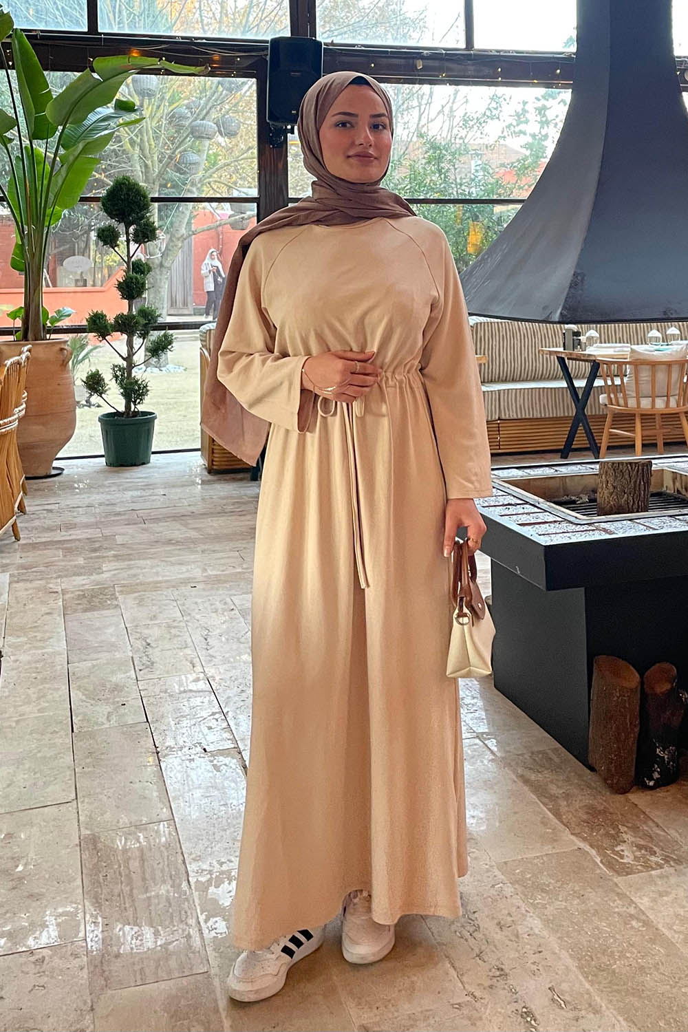 Lamelif Bel Tünel Detaylı Elbise Bej