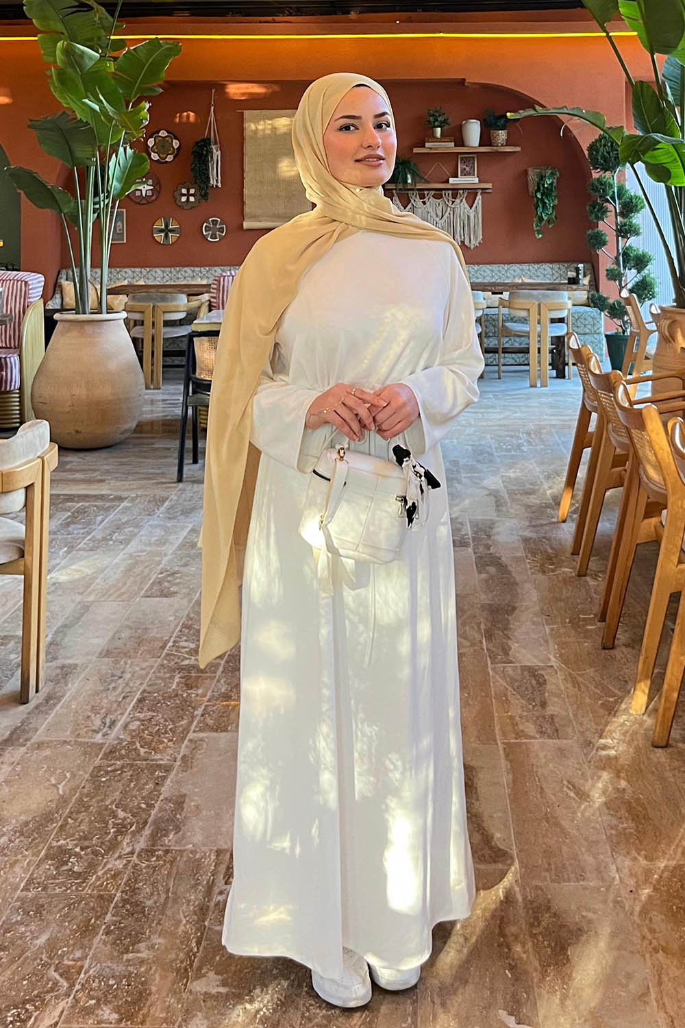 Lamelif Bel Tünel Detaylı Elbise Ekru