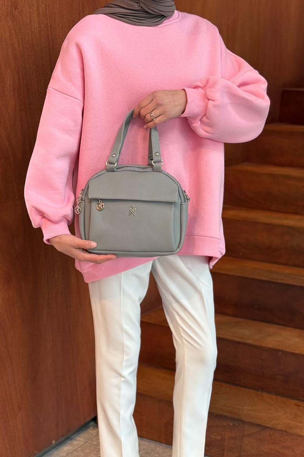 Lamelif Çok Gözlü El ve Omuz Çantası Geniş Hacim Fonsiyonel Bölmeli Çanta Gri