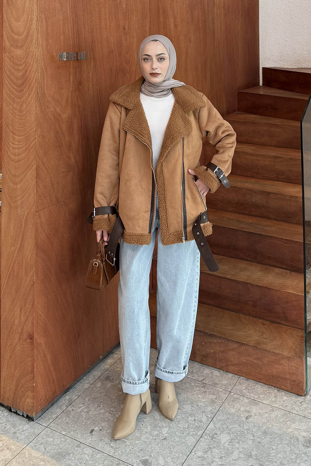 Lamelif İçi Kürklü Biker Süet Mont Taba