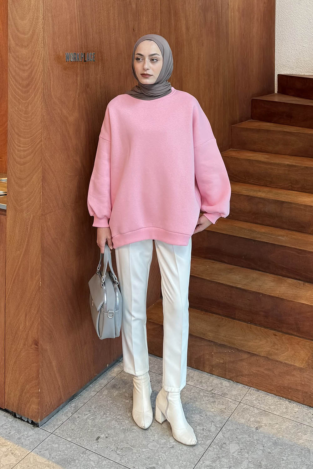 Lamelif Jasmin Bisiklet Yaka Oversize Sweat Şeker Pembe