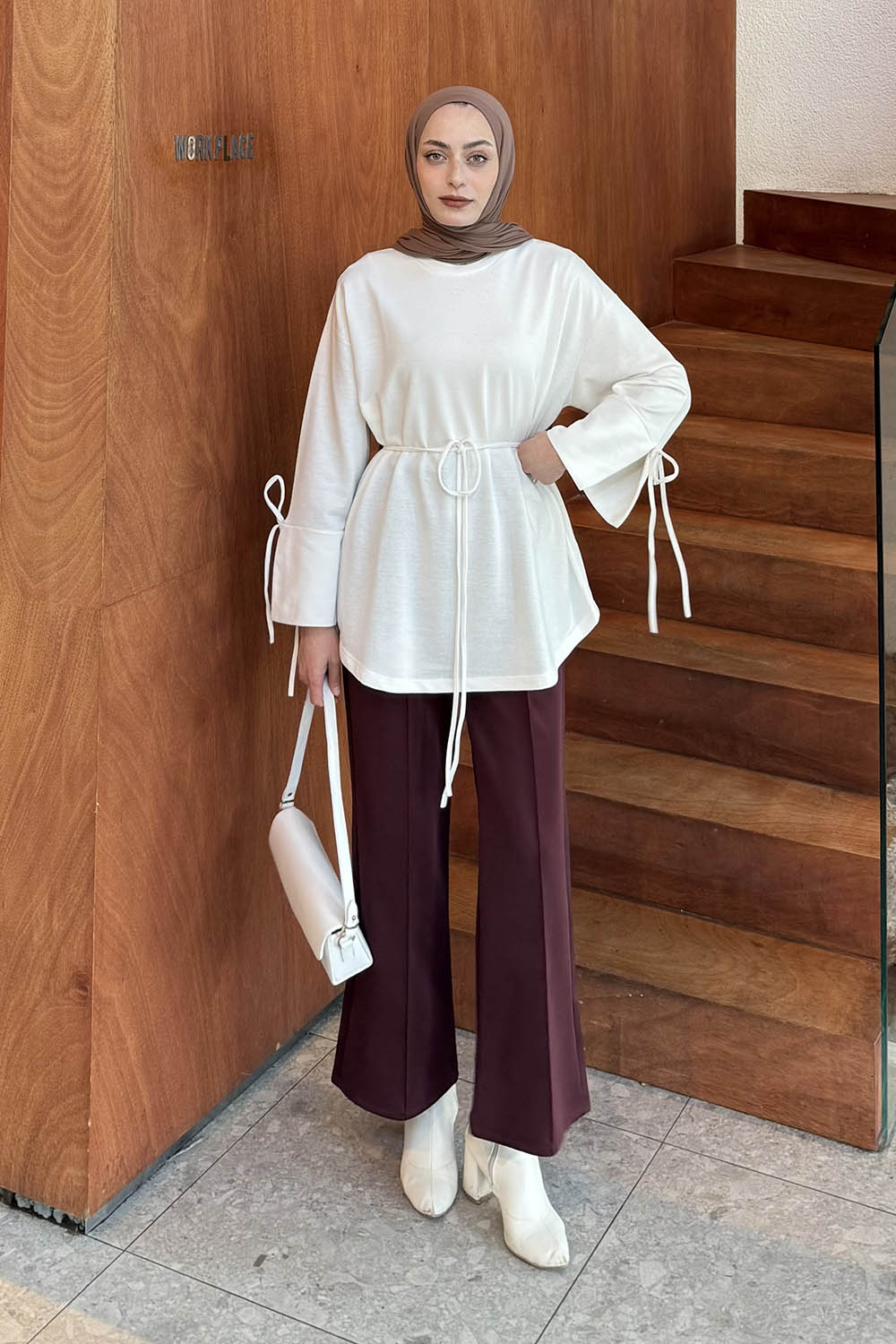 Lamelif Kol Biyeli Sweat Beyaz