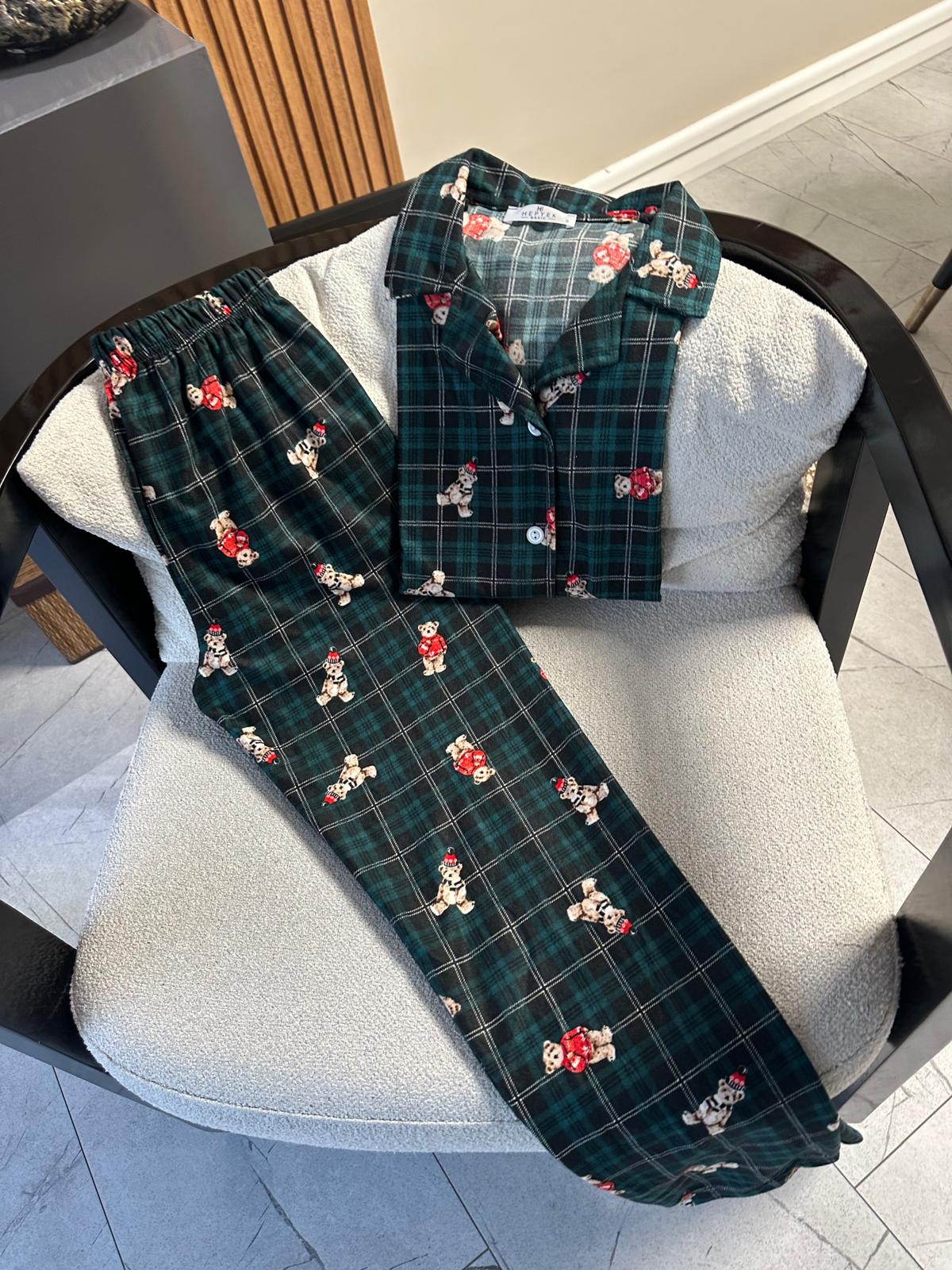 Lamelif Ekose Desen Ayıcıklı Pijama Takımı