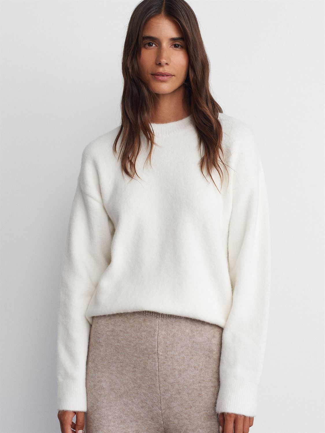 Lamelif 10640 Bisiklet Yaka Yumuşak Dokulu Kazak-Ekru