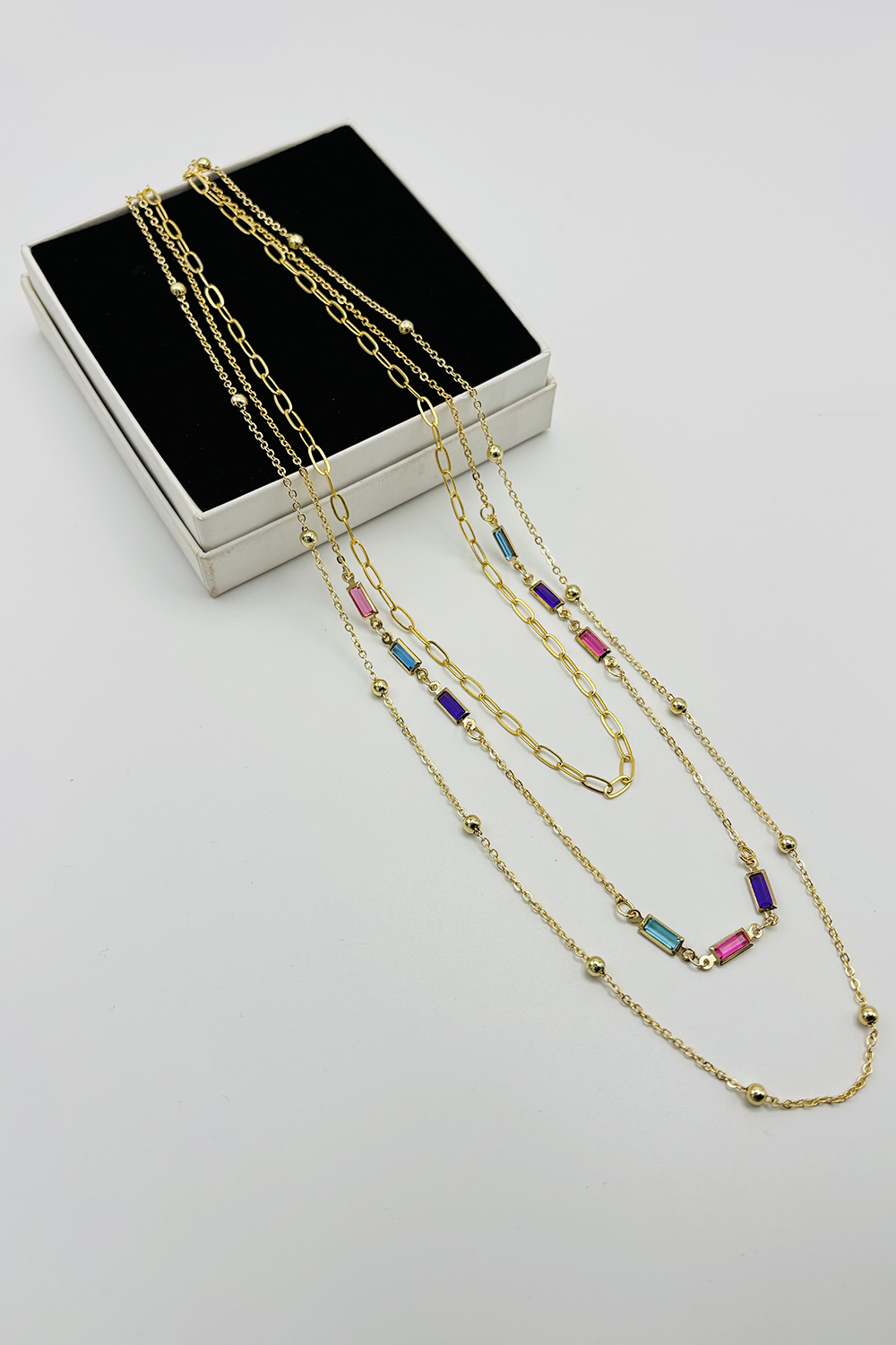 Lamelif Gold 3lü Kombin Renkli Kristal Taşlı Zincir Kolye