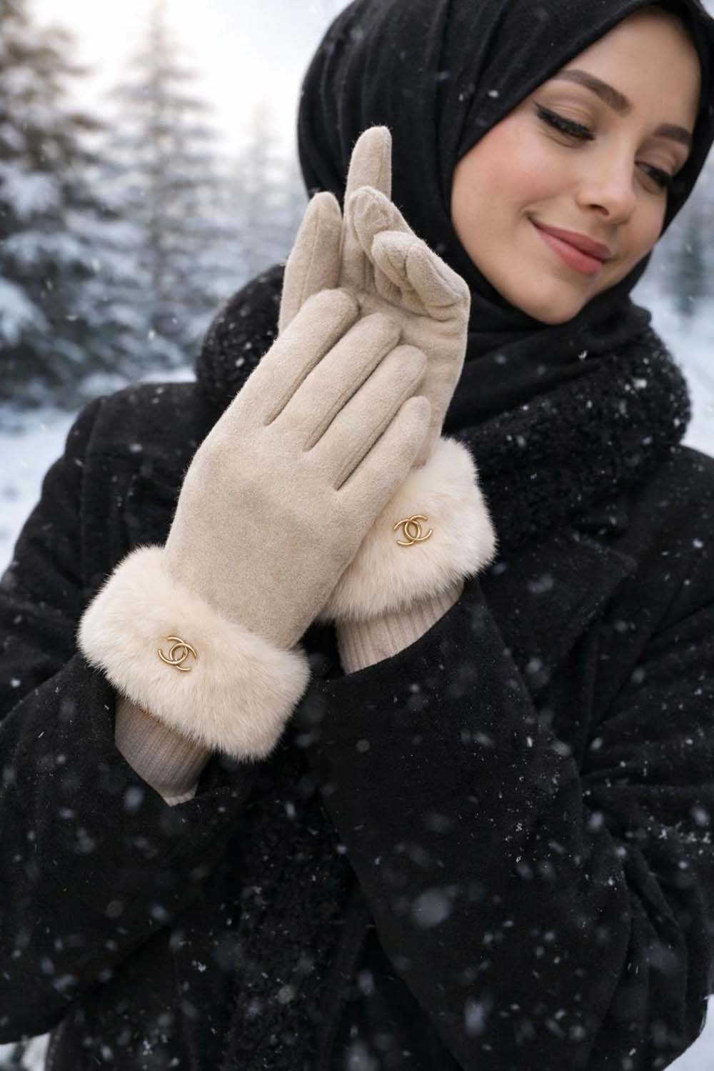 Lamelif Kadın Bileği Kürklü Dokunmatik Özellikli Eldiven Taş 