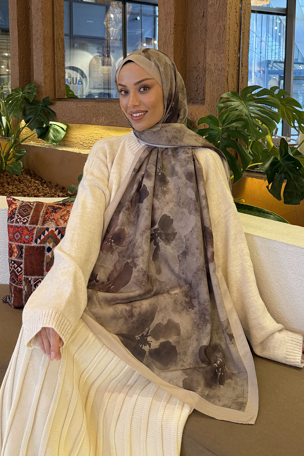 Lamelif Batik Desen Müslin Şal Vizon Yeşil