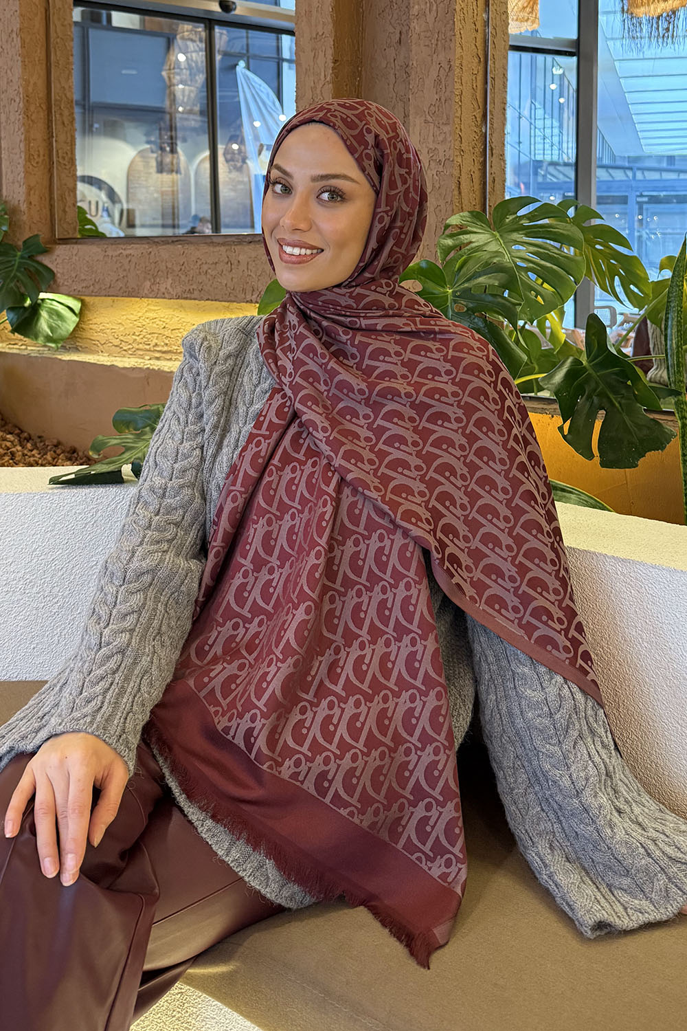 Lamelif Dior Desen Kaşmir Çift Taraflı Şal Bordo