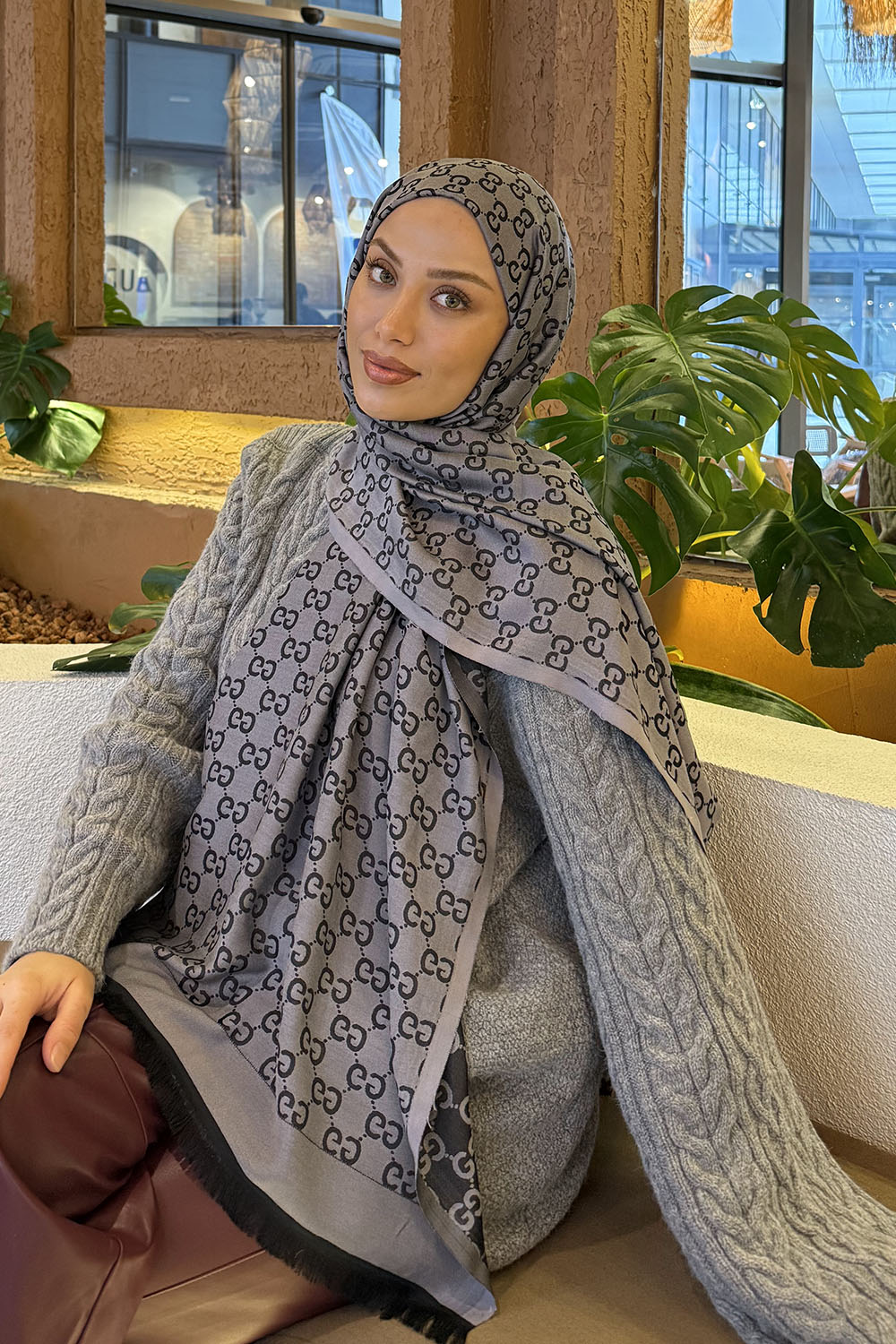 Lamelif G Desen Kaşmir Çift Taraflı Şal Siyah Gri