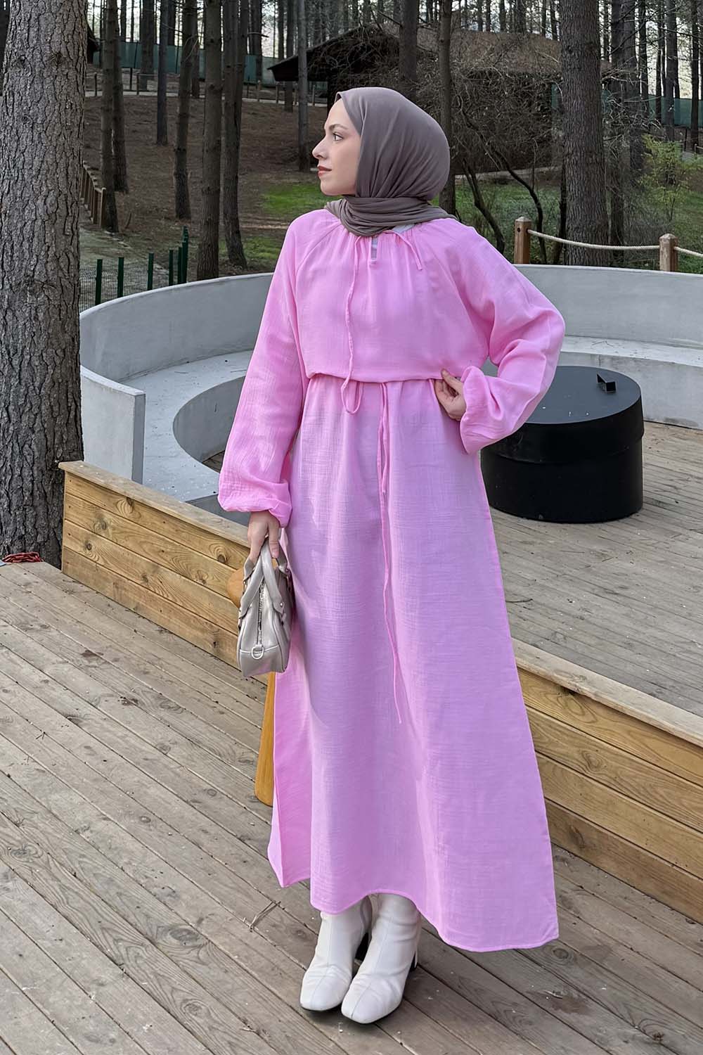 Lamelif Balon Kol Bağlamalı Tesettür Elbise Pembe