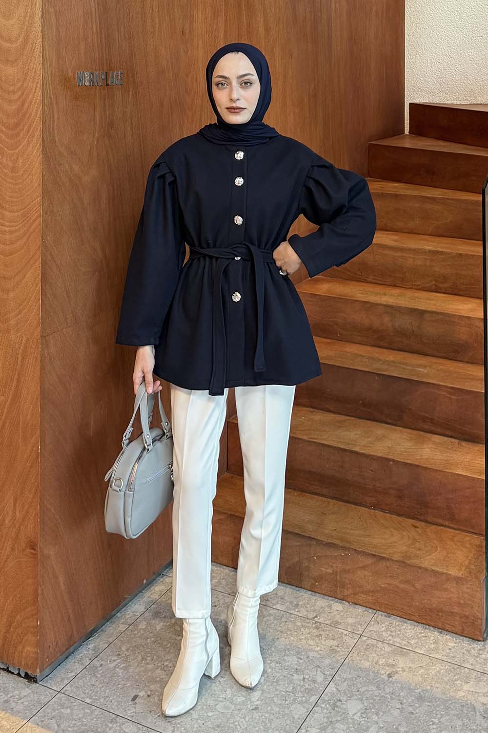 Lamelif Bel Lastikli Bağlama Detaylı Ceket Lacivert