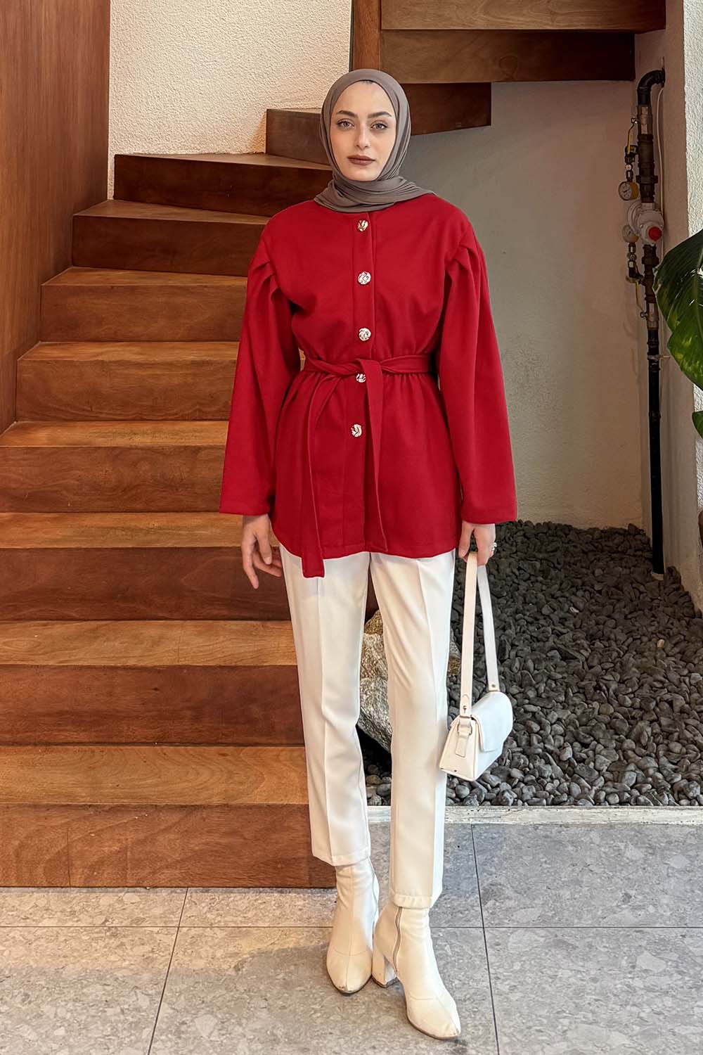 Lamelif Bel Lastikli Bağlama Detaylı Ceket Nar Çiçeği