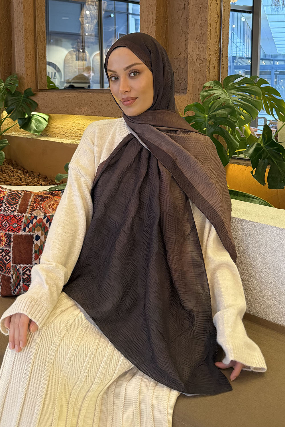 Lamelif Bulut Desen Müslin Şal Acı Kahve Bordo