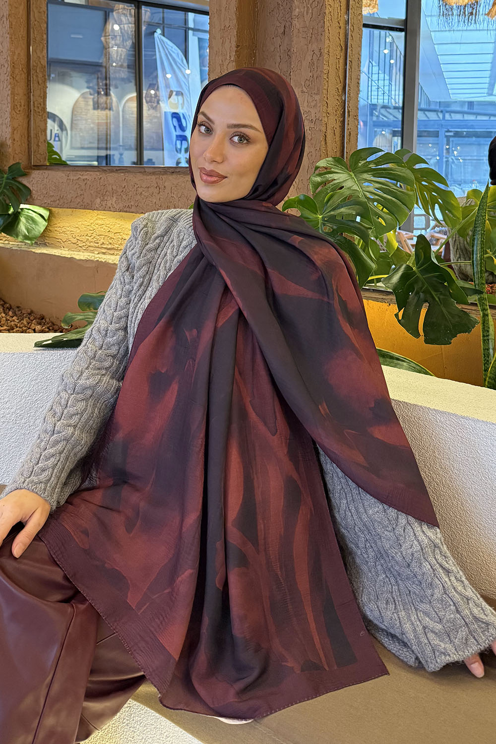 Lamelif Elegant Desen Müslin Şal Bordo