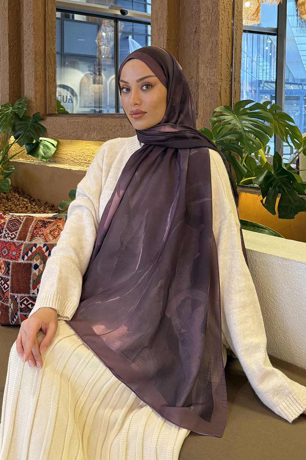 Lamelif Elegant Desen Müslin Şal Gül Kurusu