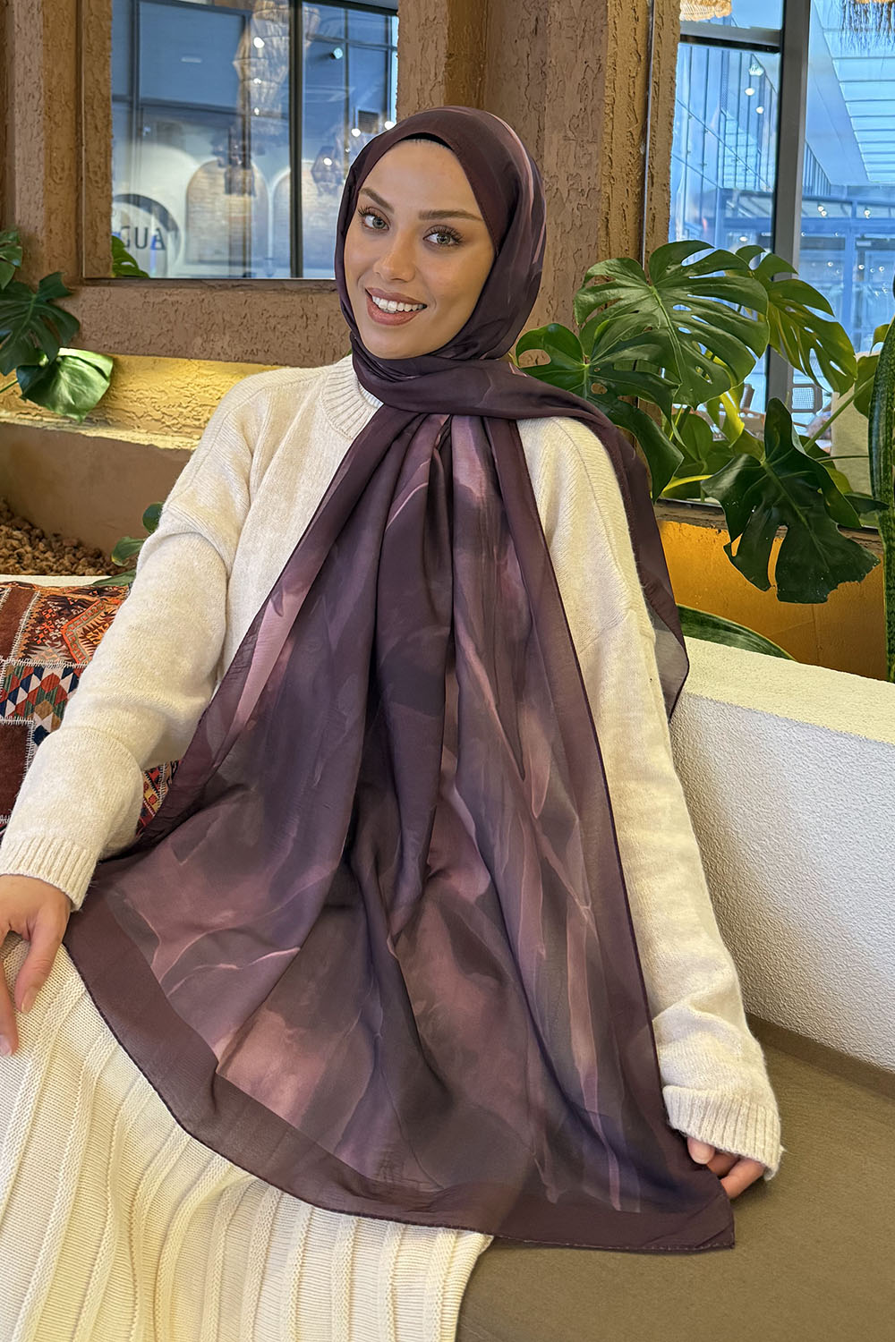 Lamelif Elegant Desen Müslin Şal Mürdüm