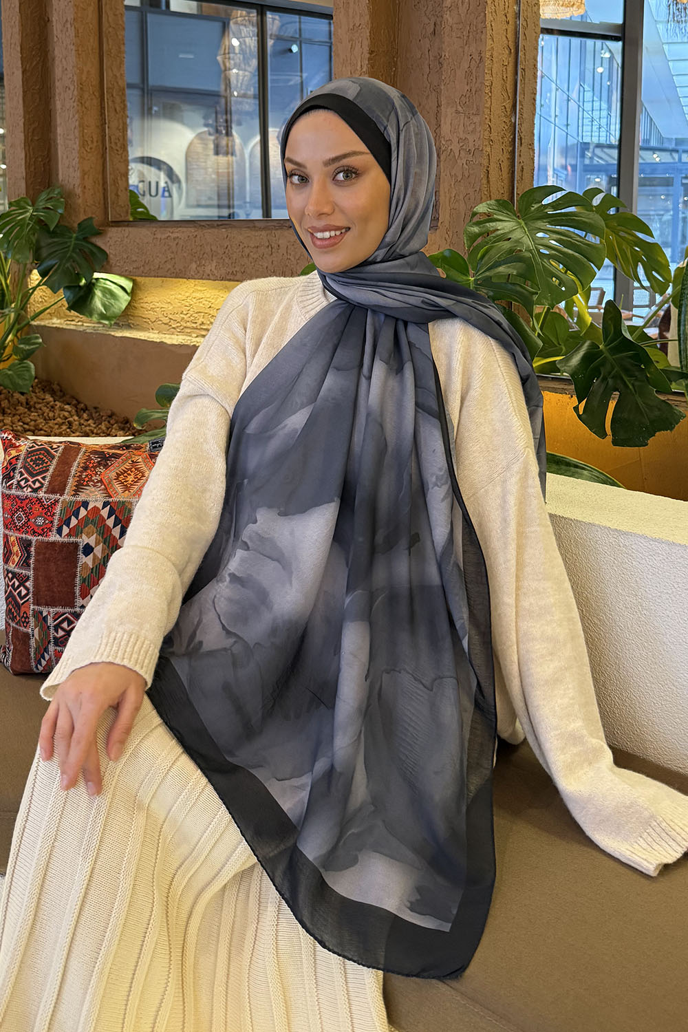 Lamelif Elegant Desen Müslin Şal Sİyah Gri