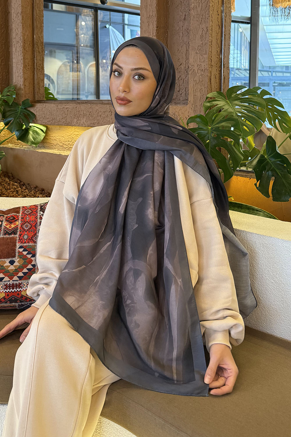 Lamelif Elegant Desen Müslin Şal Vizon Antrasit