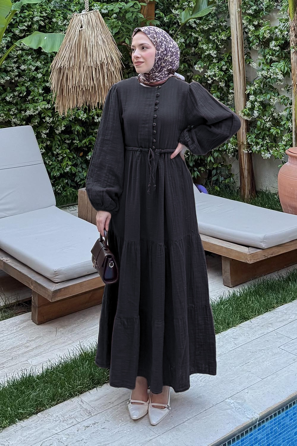 Lamelif Bel Büzgülü Tesettür Elbise Siyah