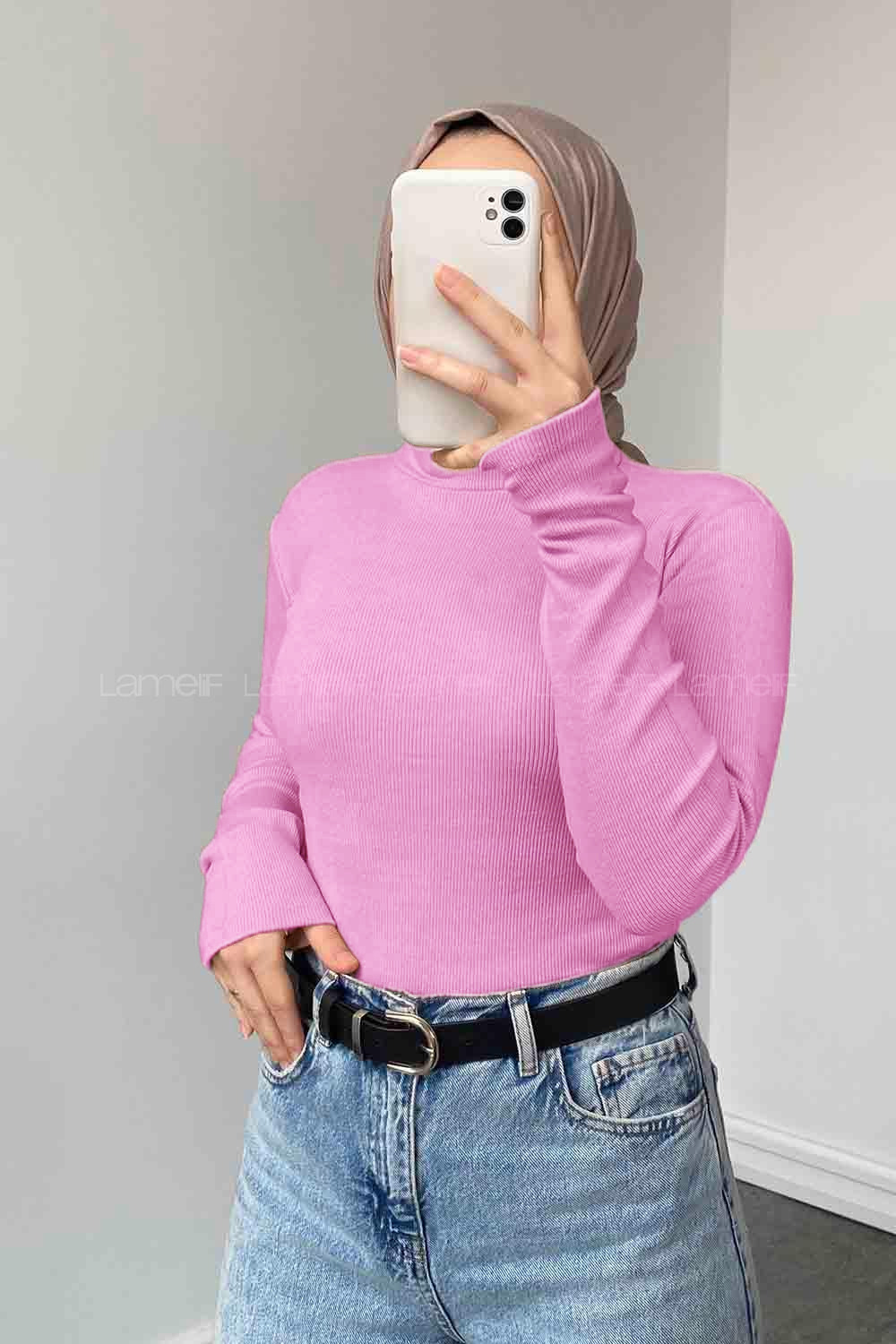 Lamelif Balıkçı Yaka Fitilli Body Şeker Pembesi