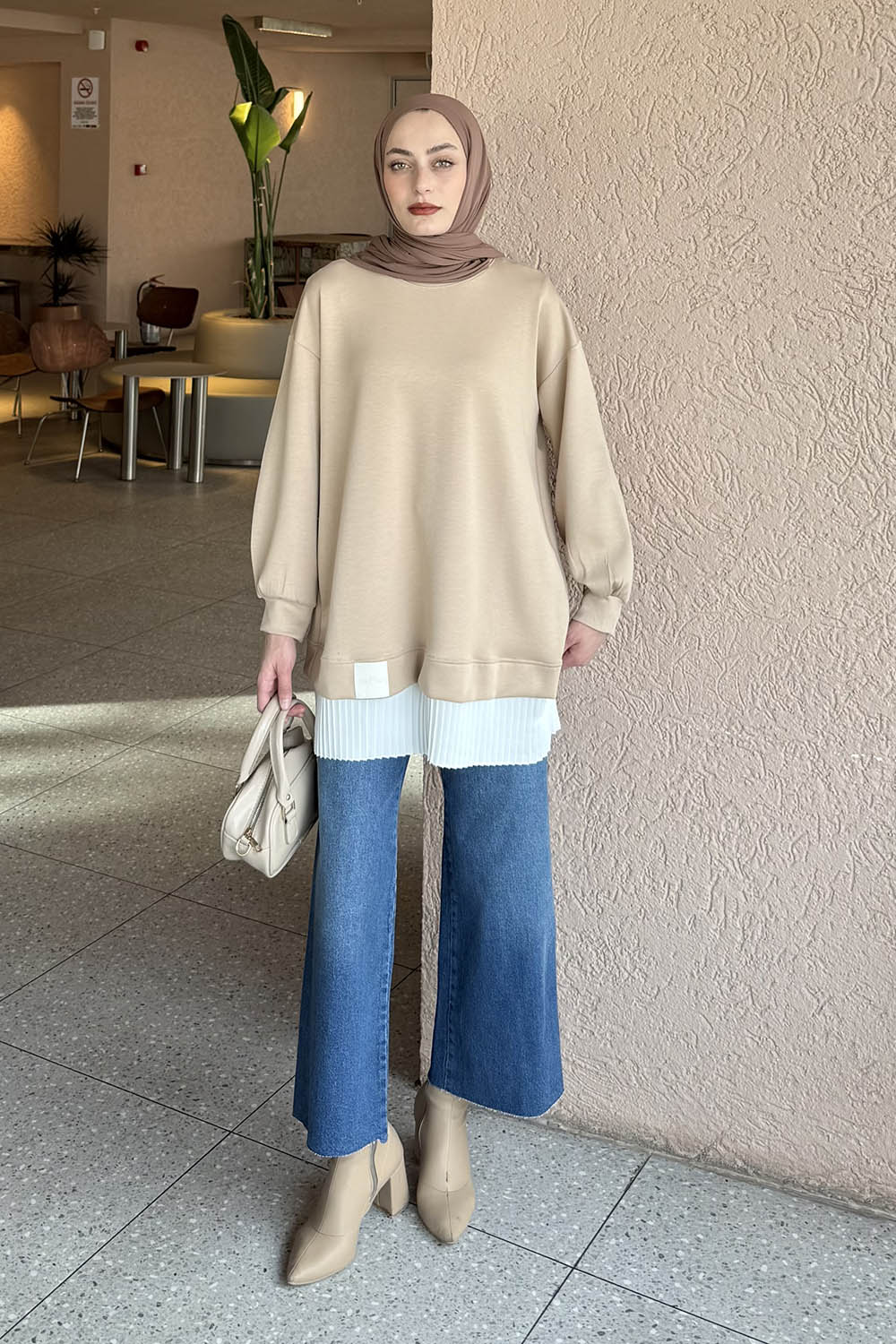 Lamelif Pilise Detaylı Tunik Sütlü Kahve